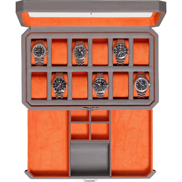 ROTHWELL 12 Slot Leather Watch Box with Valet Drawer - 12 Slot Luxury Watch Case Display Organizer, Microsuede Liner, Mens Accessories Holder, Jewelry Case, Jewelry Display Organizer (Grey/Orange)