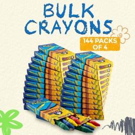 Bedwina Bulk Crayons - 576 Crayons - Case of 144 4-Packs, Premium Colors Bulk School Supplies for Kids and Toddlers Non-Toxic for Party Favors, Restaurants, Goody Bags, Stocking Stuffers