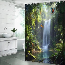 Tropical Waterfall Shower Curtain Green Forest Rainforest Lake Tree Leaf Parrot Landscepe Fabric Curtain with Hooks for Bathroom Decor,70x70 Inch
