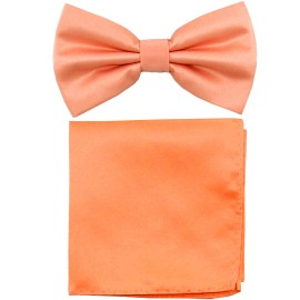 Brand Q New Men Peach Solid Butterfly Pretied Bow tie & Pocket Square Hanky Set Wedding