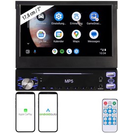 Creasono 1 DIN Radio Carplay: 1-DIN Car Radio with Apple CarPlay, Android Car, 17.8 cm Display, MP5 (1 Radio Apple, Car Radio with Navigation System, Camera)