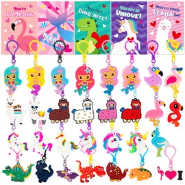 TooyBing Valentines Day Gift for Kids, 30 Pack Valentines Day Cards for Kids School with Keychain Classroom Exchange, Unicorn Dinosaur Flamingo Mermaid Llama, Valentines Party Favor Gift for Boy Girl