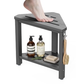 15" Shower Foot Rest with Side Hook, HDPE Waterproof Corner Shower Stool for Shaving Legs, Anti-Slip Shower Bench with Storage Shelf for Inside Shower, Space-Saving Shower Seat for Small Showers, Gray