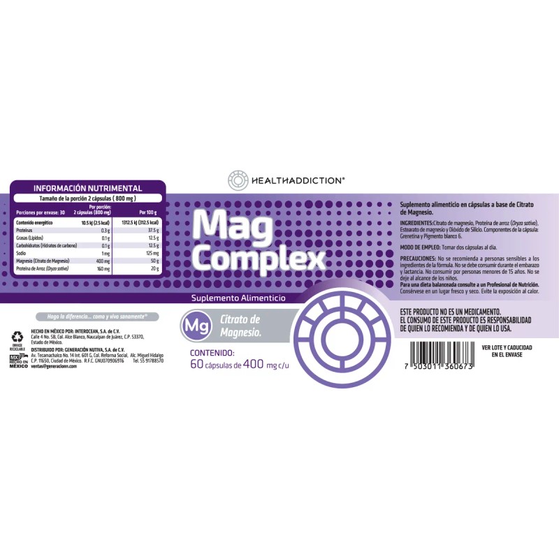 Citrato De Magnesio Mag Complex Healthaddiction. 60 Cápsulas Sin Sabor