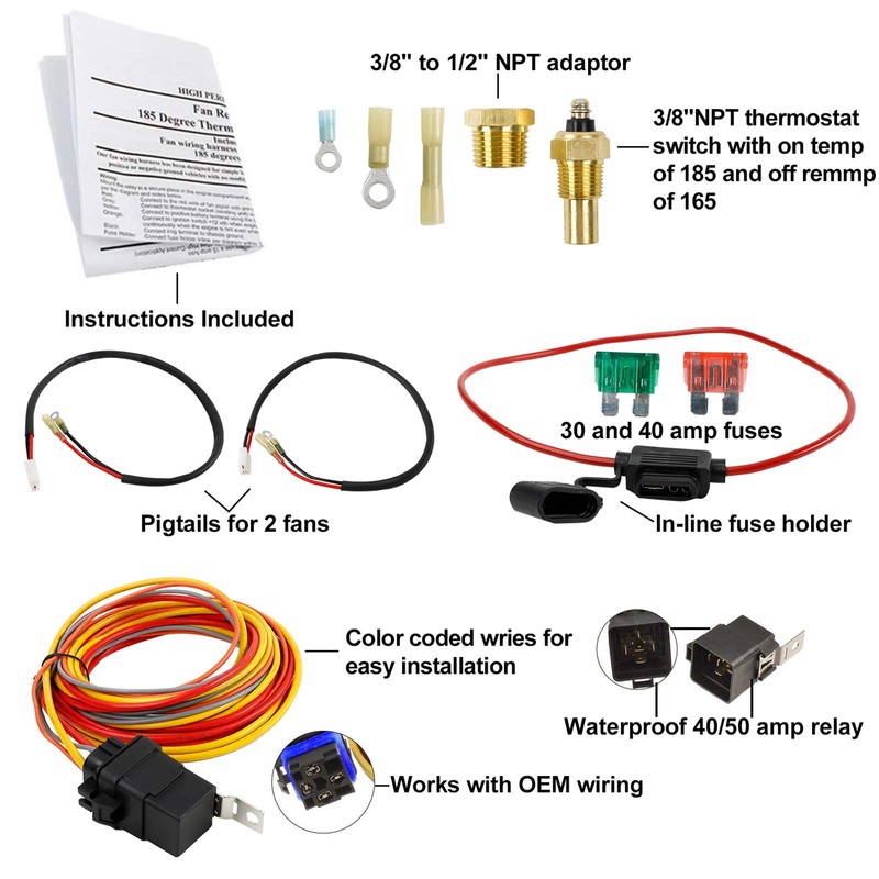Dual Electric Cooling Fan Wiring Install Kit 185 Degree On