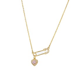 IMINI Danity Safety Pin With Colorful Heart Charm Silver Plated Choker Necklace for Women Girls Crystal Love Paper Clip Pendant Necklaces Adjustbale Chain Fashion Y2K Jewlery Gifts (Goldtone Pink CZ)