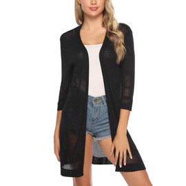 Sykooria Women’s Cardigan, Long Sleeve, Monochrome, Lightweight, Thin, Long Cardigan - Hollow black, size: s