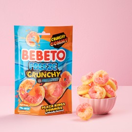 Bebeto Freeze Dried Crunchy Peach Rings - Sweet, Crunchy Fat Free & Peanut Free Freeze Dried Candy - No High Fructose Corn Syrup - Resealable Bag Halal Freeze Dried Gummy Candy - 3oz Pack - by Kervan