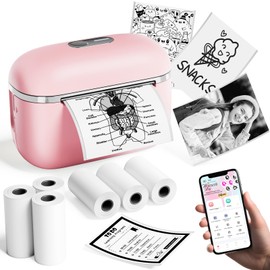 HiHTV Mini Printer Sticker Maker Machine - Print Pod Inkless Bluetooth Thermal Printer with 6 Rolls Tape, Portable Pocket Labeler Multiple Templates Instant Print for Study Graphic, Photos, Kids Gift