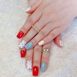 Square Short Press on Nails Multi-Colored Full Cover Fake Nails Red Yellow Blue and White Acrylic Glue on Nails Red Dots Designs False Nails Gel Nail Strips Reusable Stick on Nail for Girls 24 Pcs