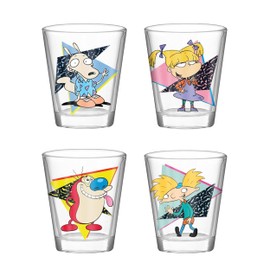Silver Buffalo Nickelodeon Retro Featuring Rocko, Angelica, Stimpy, and Arnold 4 Pack Mini Glass Set, 1.5 Ounces