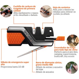 SHARPAL 101N Afilador de cuchillos de bolsillo 6 en 1, afilar y pulir todo tipo de cuchillos de cocina y exteriores, hoja dentada, 3 abrasivos de afilado premium
