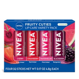 NIVEA Lip Care, Paquete Variado de Bálsamo Labial Tintado Frutal, Sabores a Cereza, Fresa, Mora y Sandía, Humedad, Reparación y Color 3-en-1, Barra de 0.17 Oz, Paquete de 4