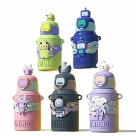 1 Pack Tumbler, 15oz Kids Water Bottle, Cartoon Cup with Straw, Leak Proof, Double-walled Stainless Steel, Water Bottle Drinkware Flasks Portable Mug Bottled - Color: Green Frog