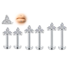 AVYRING 6Pcs Thread Stainless Steel Medusa Flat Back Earrings, 16G 6/8/10mm Silver Tragus Cartilage Helix Lip Labret Studs with Clover CZ for Women Men Forward Helix Jewelry