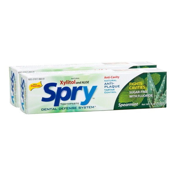 Spry Xylitol Toothpaste 5oz, Fluoride Toothpaste Adult and Kids, Teeth Whitening Toothpaste with Xylitol, Natural Breath Freshening, Mouth Moisturizing Ingredients, Spearmint (Pack of 2)