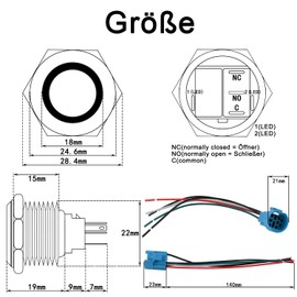 JIQI 22 mm Momentary Waterproof Pressure Switch 12 V to 24 V 5 A On/Off Button Switch with LED Lighting Black Metal Housing IP66 1NO1NC Pre-Wired Momentary Push Button for Car DIY Car (Green)