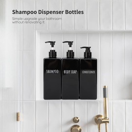 Segbeauty - Dispensador de jabón Cuadrado Negro, 3 Botellas Recargables de champú y acondicionador de 16.9 onzas, Botella de plástico vacía Reutilizable de 500 ml, Juego de dispensador de Ducha para