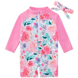 TUPOMAS Toddler Girls Swimsuit Baby Long Sleeve Floral Bathing Suit Sun Protect Rashguard One Piece Swimwear 18-24 Months