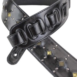 Walker & Williams GE-221 Black Padded Guitar Strap with Inset Brass Studs & Silver Rivets For Acoustic, Electric, And Bass Guitars