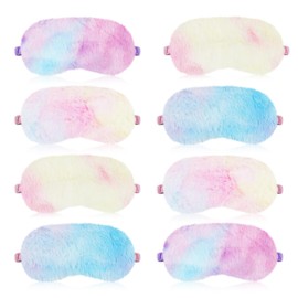 Bicuces 8 Pcs Plush Sleeping Masks Plush Sleeping Eye Masks Covers Silk Sleep Mask Fluffy Comfortable Sleeping Blindfold Rainbow Faux Fur Eye Shade for Travel Sleepover Nap Party Supply Girls Women