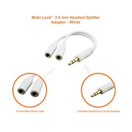 Mobi Lock 3.5mm Headphone Y Splitter | 1 Male to 2 Female Audio Jacks | Allows 2 People to Listen to 1 Sound Source | Ideal for all Media Players and Audio Devices with a 3.5 mm Port (White)