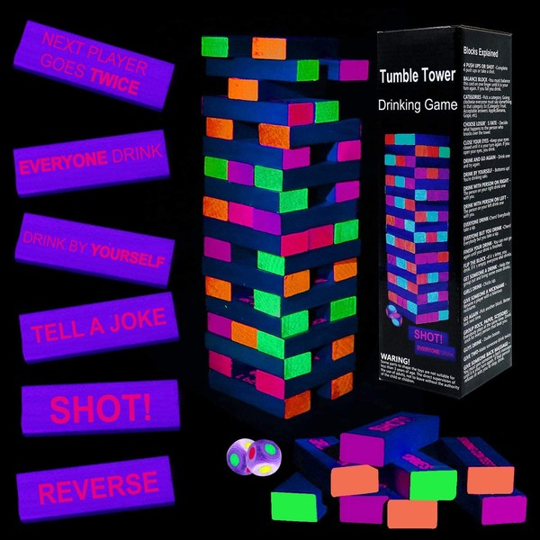 Drinking Games for Adults Party, Black Light Tumble Tower -Glowing Drinking Games Suitable for Day Or Night, 54 Blocks with Hilarious Drinking Commands, Stacking Games for adults party