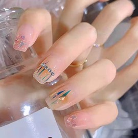 Set of 24 Nail Tips, Blue Green Stripes, Beautiful Rhinestones, Fake Nails, For Taking Photos, Weddings, Coming-of-Age Ceremonies, Parties, Afterparties, Pearl Rhinestones