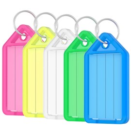 Uniclife 20 Pieces Key Tags 5 cm Plastic Key Chain Tags with Ruled Blank Paper Labels Transparent Covers and Split Rings Sturdy Item Identifiers, 5 Colors