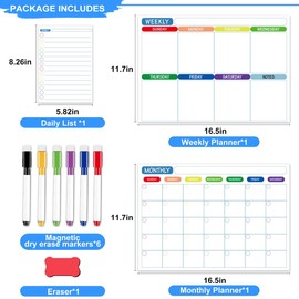 Magnetic Dry Erase Calendar for Refrigerator, 3 Pcs Clear Monthly & Weekly & Daily Calendar Planning Board for Fridge Wall Door, No Stains or Ghosts, 6 Dry Erase Markers and Large Eraser, 16.5x11.7”