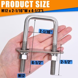 SRZTXU 4 Sets Heavy Duty Square u Bolts M12 Thread Size,304 Stainless Steel u-Bolts 2-1/16" W x 4-1/2" L,with Nuts,Bolt Plate and washers (4, M12 x 2-1/16" W x 4-1/2" L)
