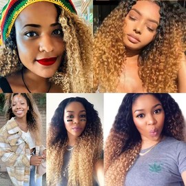 TARPION T1B/4/27 Bundle Dark Brown Kinky Curly Human Hair Bundles 20 22 24 Inch Three Tone Black and Honey Blonde Bundles Human Hair Ombre Blonde Kinky Curly Bundle