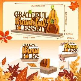 Realspring Fall Decorations for Home Grateful Thankful Blessed Metal Sign Thanksgiving Table Decor Fall Tiered Tray Decor with Wooden Base Rustic Metal Word Sign for Home Tabletop Centerpiece Mantel