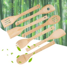 6Pcs Wooden Spoons Spatulas Bamboo Kitchen Utensil Set - Natural Material Scraper & Strainer Cooking Tools