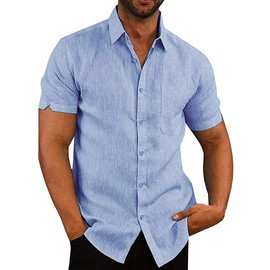 JEKAOYI Button Down Short Sleeve Linen Shirts for Men Summer Casual Cotton Spread Collar Beach Shirts (Blue, Large)