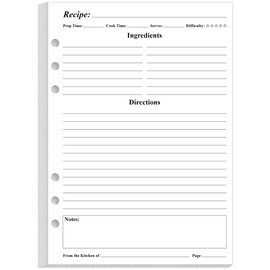 Blank Recipe Paper for A5 Binder - 6 Hole Recipe Book Paper Refills for Saving Recipes, 50 Sheets/100 Pages, 100gsm, White, 5.8'' x 8.5''