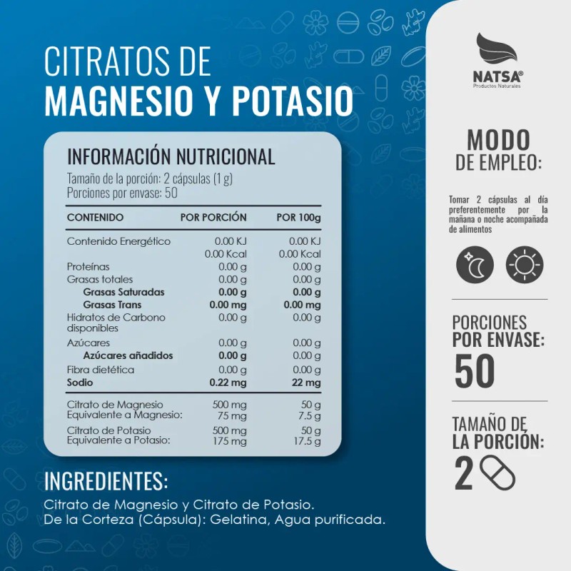 Citratos Magnesio Potasio 100 Cápsulas Sola Cápsula Combinación Perfecta Sabor
