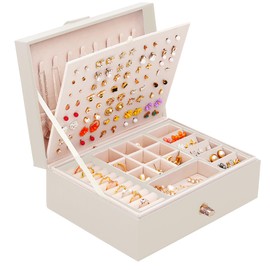 QBestry Girls Jewelry Box Earring Holder Organizer for Girls Earring Organizer Teen Jewelry Box Organizer for Girls Beige jewelry Boxes for Earrings Necklace Ring Stud Earring Box Organizer for Girls