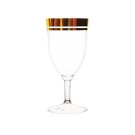 Party Essentials Disposable All-Purpose One-Piece 8 oz Plastic Wine Glasses Cups with Stem, 8-Count, Clear with Gold Rim