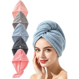 Lumimi - Paquete de 4 toallas de microfibra para el cabello con botón para secar el cabello lacio y rizado (5 colores B)