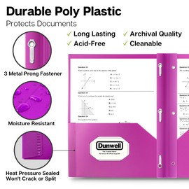 Dunwell Plastic 2 Pocket Folders with 3 Prongs, (6 Pack, Assorted Colors), 3-Clasp Folders with Fasteners, Tear-Resistant, Long Lasting Acid-Free Poly, Includes Labels