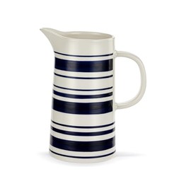 Demdaco Large Kitchen Serve ware, Hand Painted Pitcher Container, 34 Ounce Ceramic Stoneware, Blue Stipes