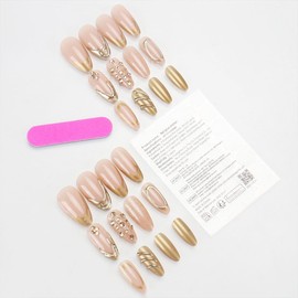 HJKDSFD 24Pcs Gold Press on Nails French Tip Fake Nails Medium Almond Acrylic Nails 3D Glossy Rhinestones False Nails with Glitter Design Full Cover Glue on Nail Reusable Manicure Kit for Women Girls