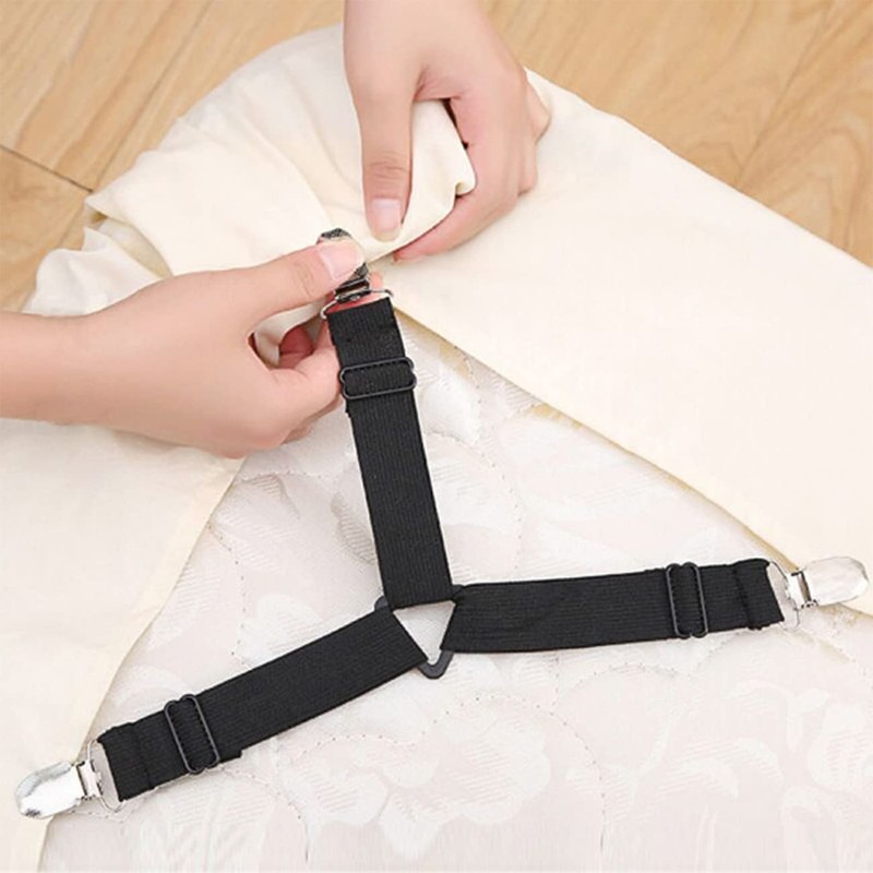 4 pieces adjustable bed sheet straps, triangle bed sheet clips,
