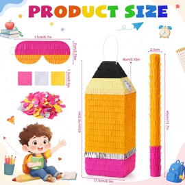 JolliLudo Pencil Piñata Set, Back to School Piñata 16.5 x 6.9 Inch with Blindfold Stick and Confetti, 3-color Fringe Pencil Party Decoration for First Day of School Birthday Classroom Party Supplies