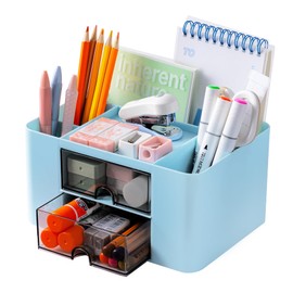 Moikiwi Desk Organizer with 2 Drawers, Office Supplies Organizer for Desk, Cute Desk Accessories with Plastic, Pen Holder for Desk Countop, Blue