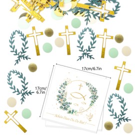 20 Stück Servietten Taufe mit 100 Stück Kommunion Konfetti, Fisch Eukalyptus Servietten Kommunion Napkins Kreuz Streudeko Taufe Tischdeko für Taufe, Kommunion, Babyparty