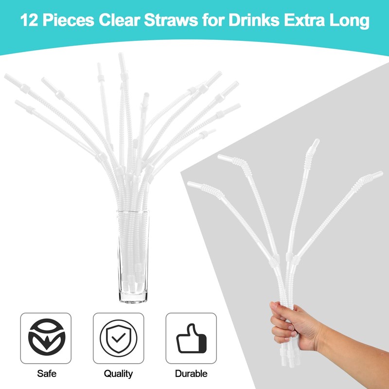 Geiserailie 12 Pieces Flexible Drinking Straws Extra Long Bendy Plastic
