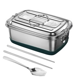 Silver Lunch Box, Stainless Steel Bento Boxes, 2000ml Double Tier Sandwich Box with Carrying Handle, Spoon and Chopsticks for Adults, Kids for Food Sandwich Salad Fruit, Picnic Box for Office School