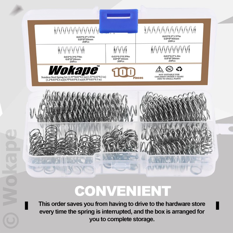Wokape 100pcs 0.8mm Thick Compression Spring Assortment Kit, 5 Sizes